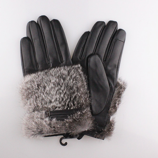 2016 fashion and sexy women rabbit fur cuff industial leather hand glove for warm winter