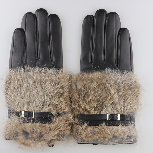 2016 fashion and sexy women rabbit fur cuff industial leather hand glove for warm winter