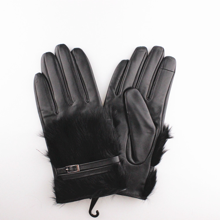 2016 fashion and sexy women rabbit fur cuff industial leather hand glove for warm winter