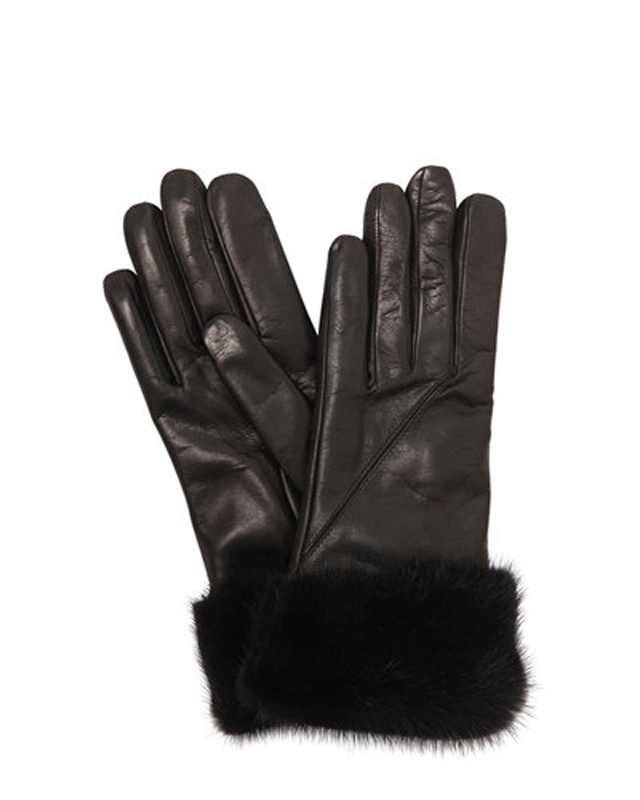 lady's black sheep skin leather gloves for women with rabbit fur